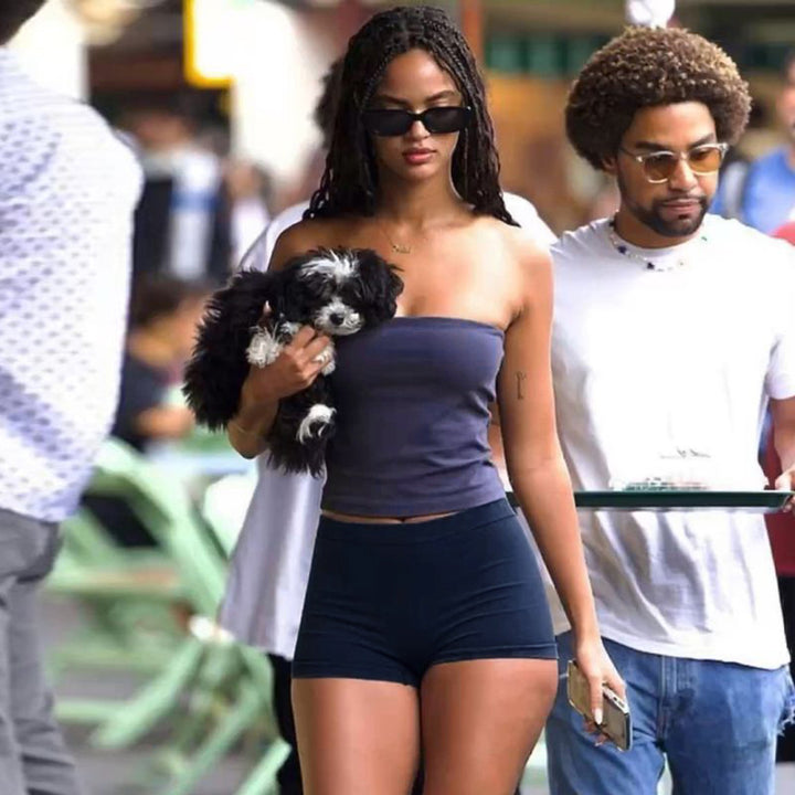 Dame Bandeau-badebukse med shorts Skjora
