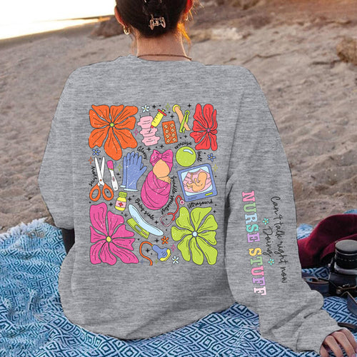 Dame sweatshirt med fargerik grafisk design og originalt pleiemotiv Skjora