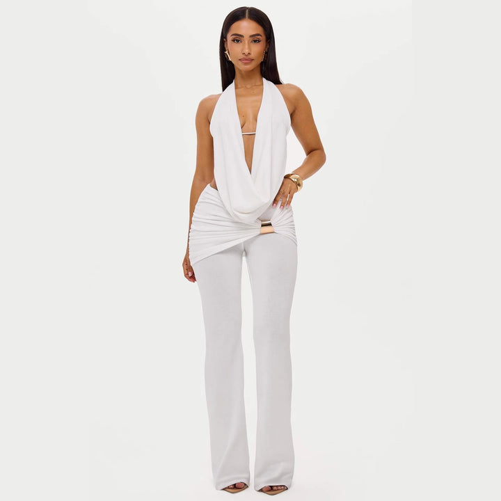 Damer elegant, figurnær jumpsuit med dyp utringning og vide ben Skjora