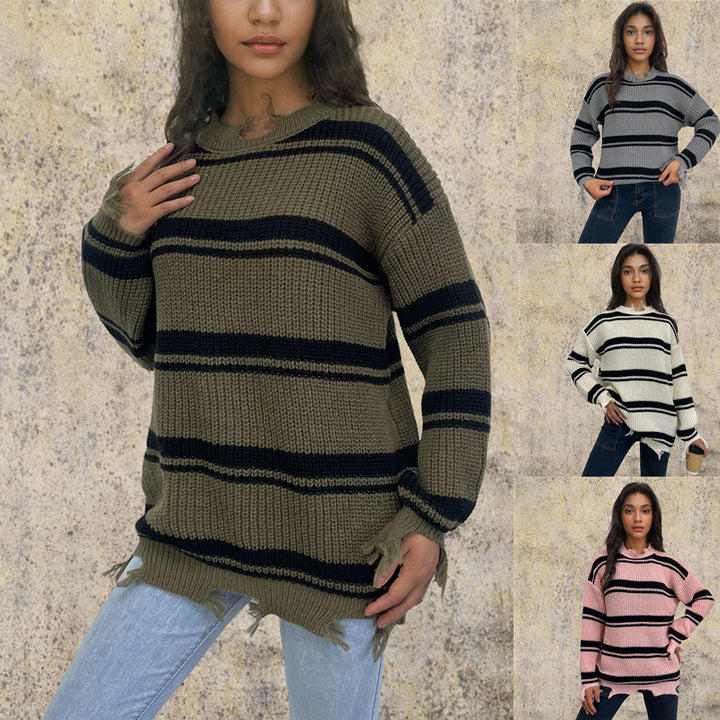 Kvinnens oversized strikket genser med trendy stripe mønster og frynse detaljer Skjora