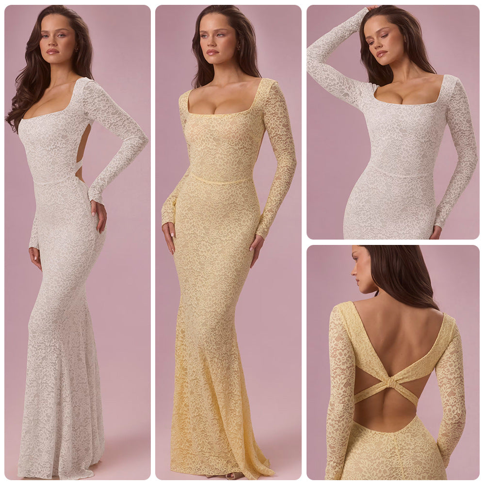 Kvinne Elegant Blonde Maxi Kjole med Skreddersydd Silhuett og Lange Ermer Skjora