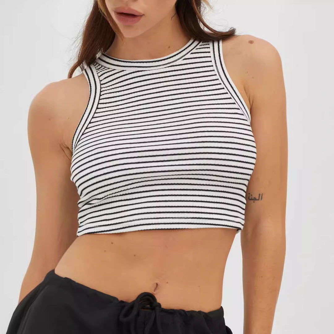 Dame cropped Tanktop med fashionable stripe mønster og høy krage Skjora