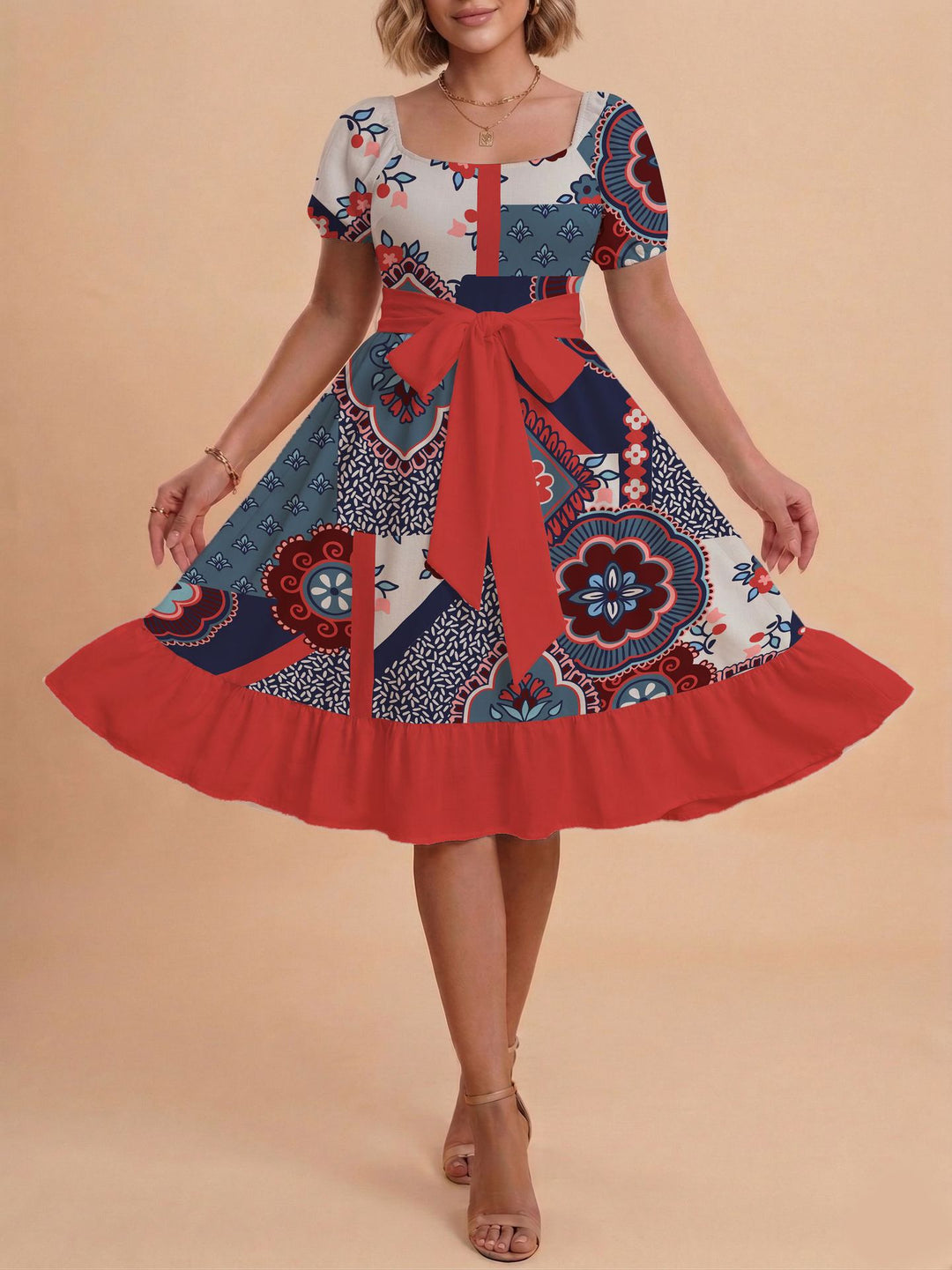 Damen Retro Maxikleid mit Puffärmeln und Taillengürtel Skjora