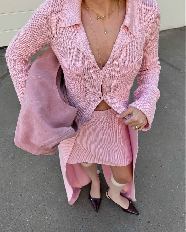 Kvinnes Strikk Sett med Skreddersydd Blazer og Trendy Skjørt Skjora