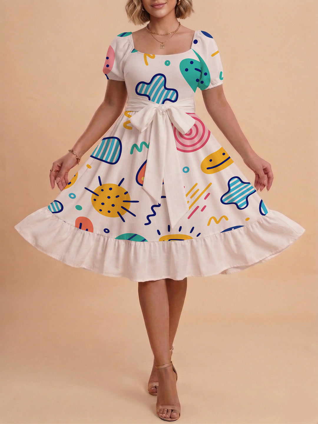 Damen Sommerkleid mit floralem Puffärmel und taillierbarem Gürtel Skjora