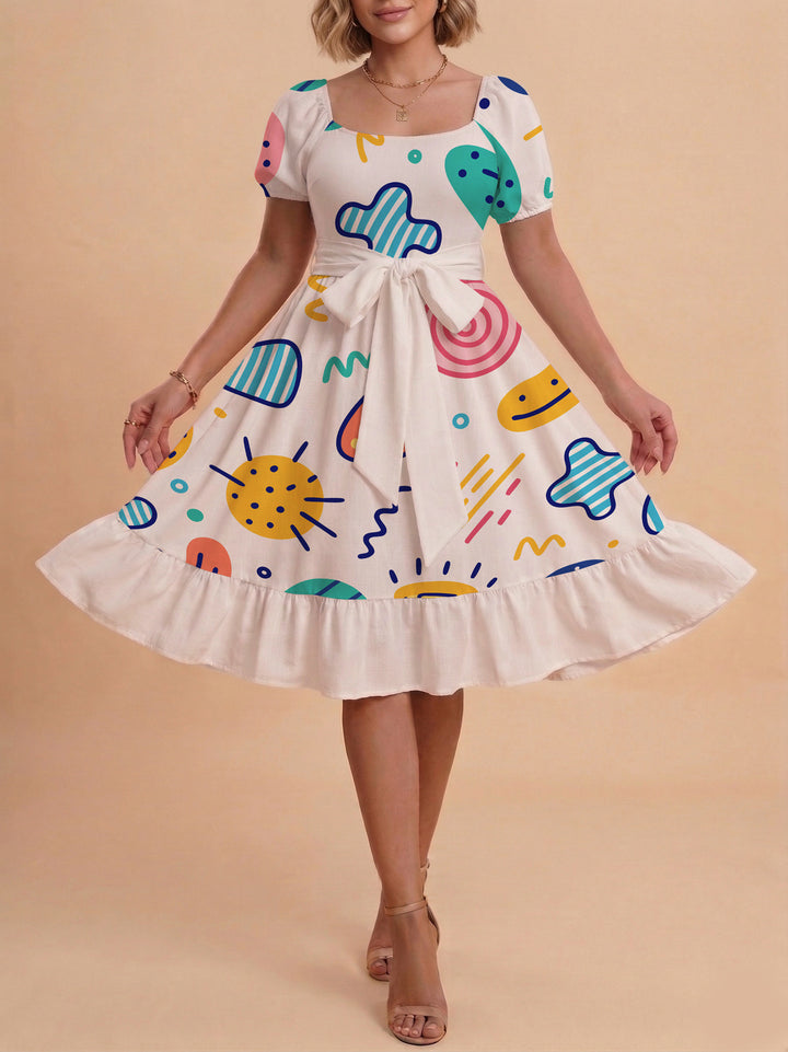 Damen Sommerkleid mit floralem Puffärmel und taillierbarem Gürtel Skjora