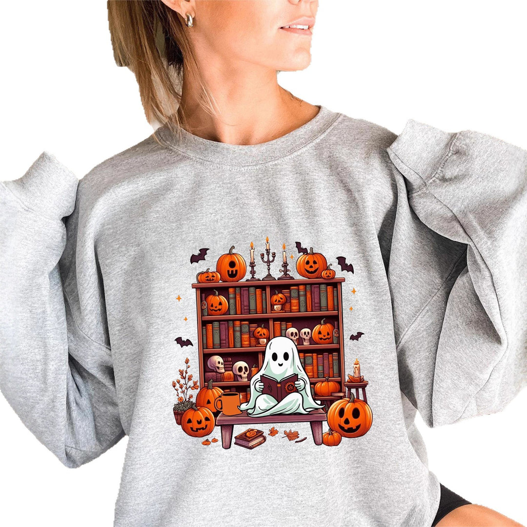Dame sweatshirt med høstlig skremmende motiv og avslappede puffermarmer Skjora