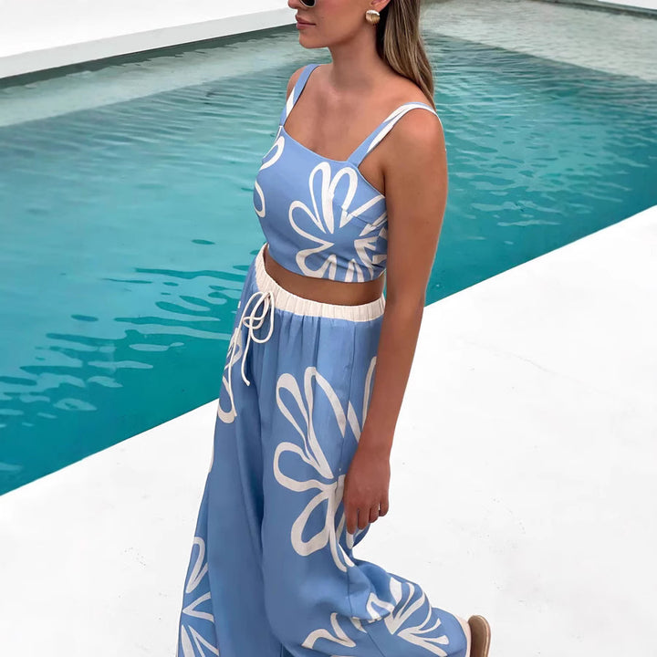 Dames fritidstopp og vid-snitt bukser med blomster mønster Skjora