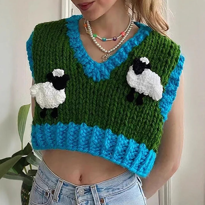 Damer heklede Crop-Top med kreative sauemotiv Skjora