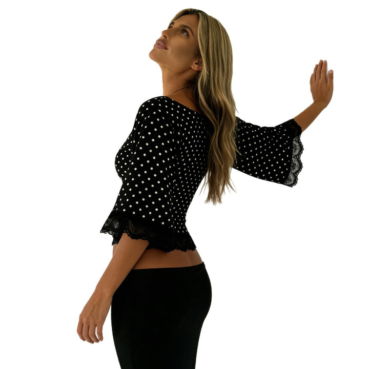Dame polkadot bluser skjorte med spissepynt Skjora