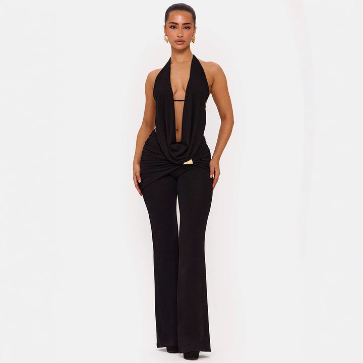 Damer elegant, figurnær jumpsuit med dyp utringning og vide ben Skjora