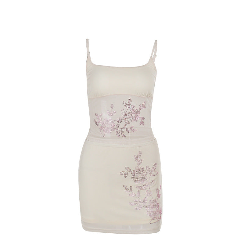 Kvinnens Cropped Topp og Mini Skjørt Sett med Blomsterdesign Skjora