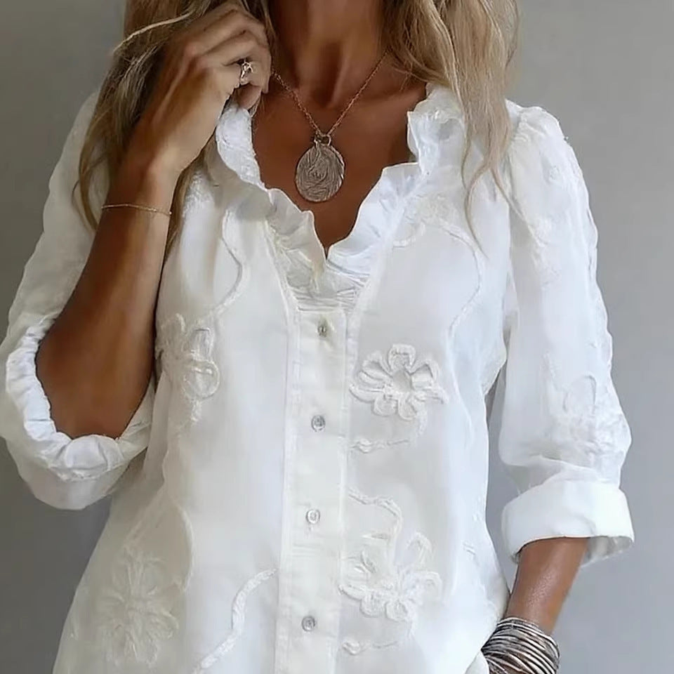 Dame elegant bluse med blomsterbroderier og voluminøse ermer Skjora