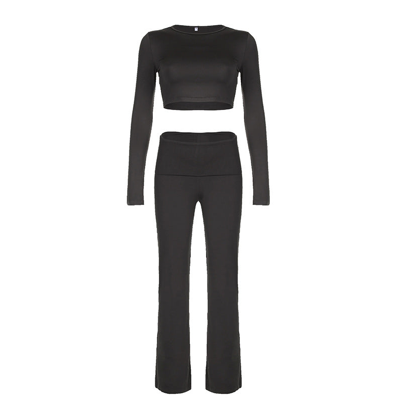 Dame Sporty Langarm-Crop-Top og figurnær Flared-Bukse Sett Skjora
