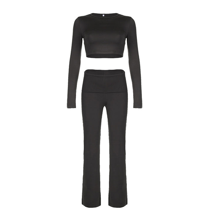Dame Sporty Langarm-Crop-Top og figurnær Flared-Bukse Sett Skjora
