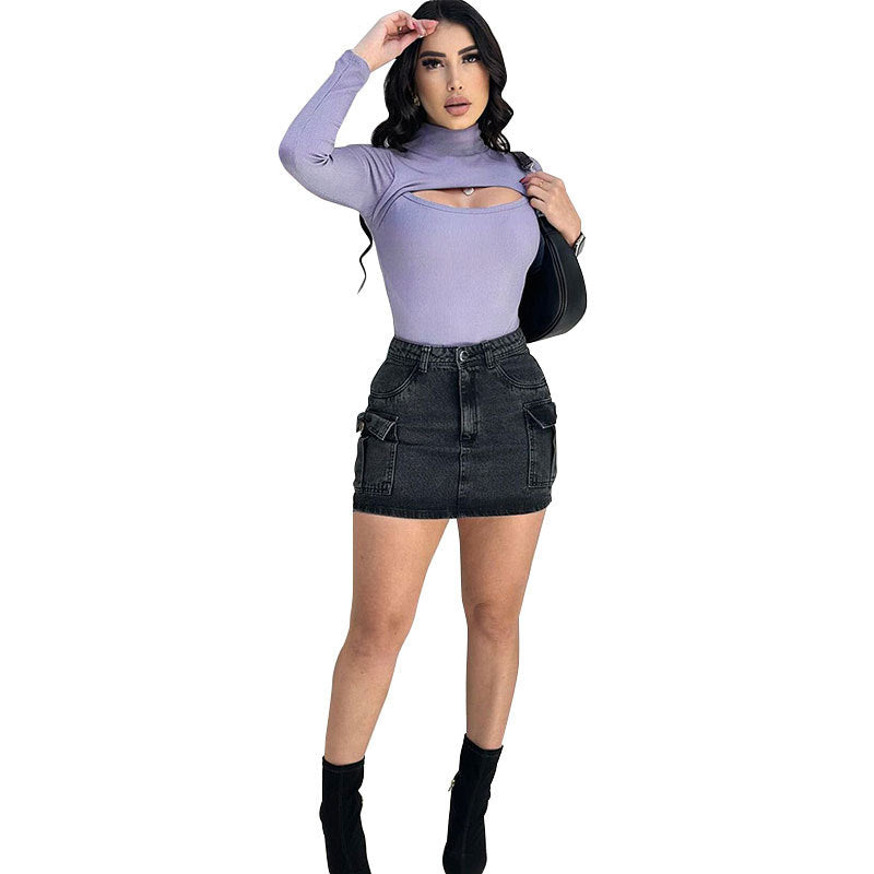 Dame Trendy Langermet Topp med Ståkrage og Cut-Out Detaljer Skjora