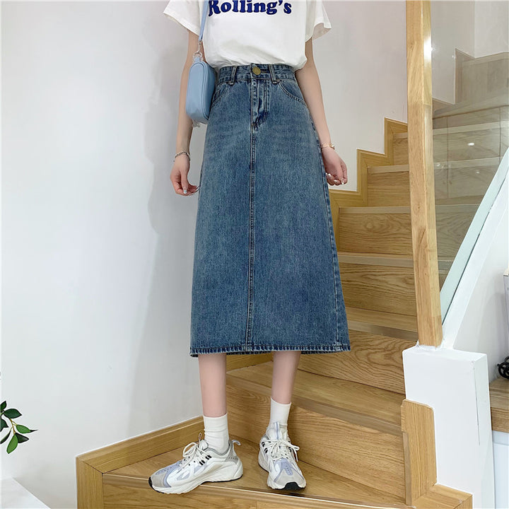 Kvinnelig Lang Denim Skjørt med Høy Kutt og Dekorative Sømmar Skjora