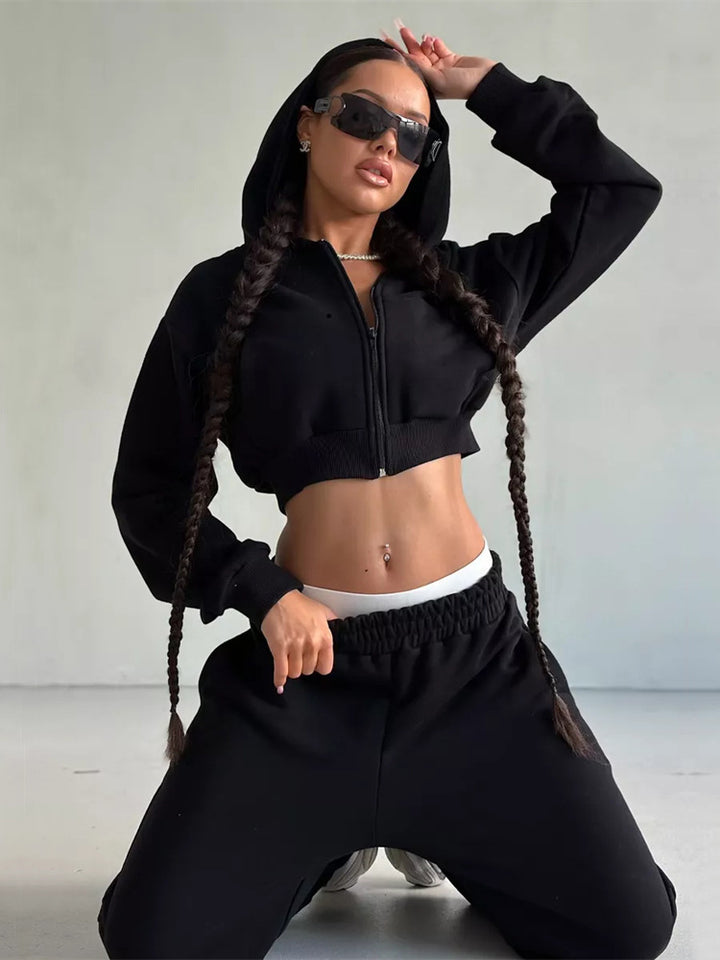 Kvinner Sporty Cropped Jakke og Bukse Sett Skjora