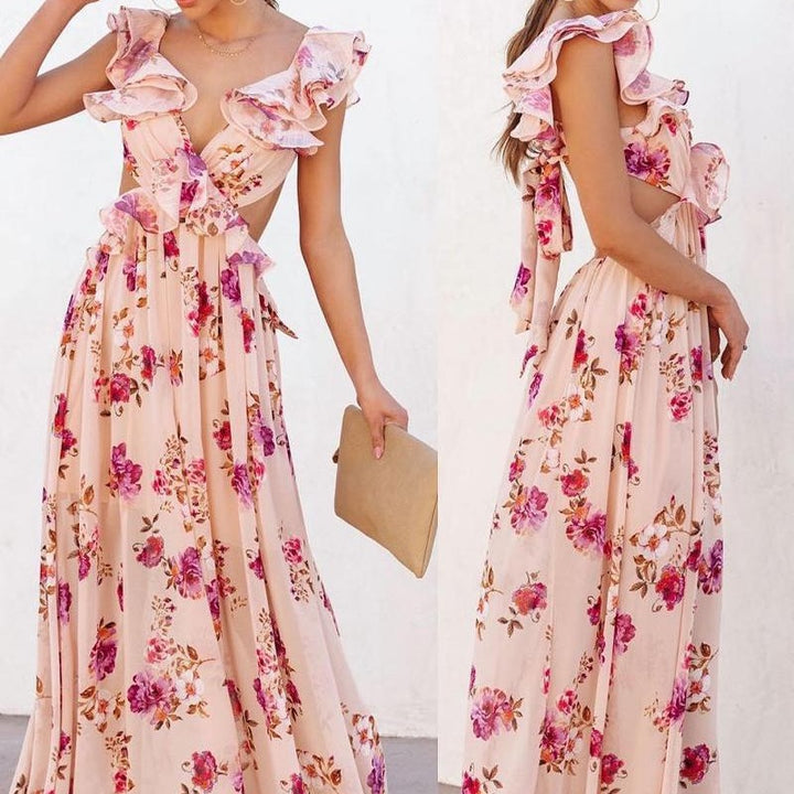 Kvinnelig Elegant Maxi Kjole med Volangdetaljer og Blomsterdesign