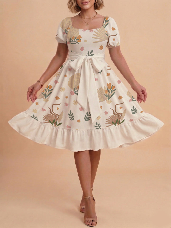 Damen Sommerliches Blumenkleid mit taillierbarem Gürtel und voluminösen Ärmeln Skjora