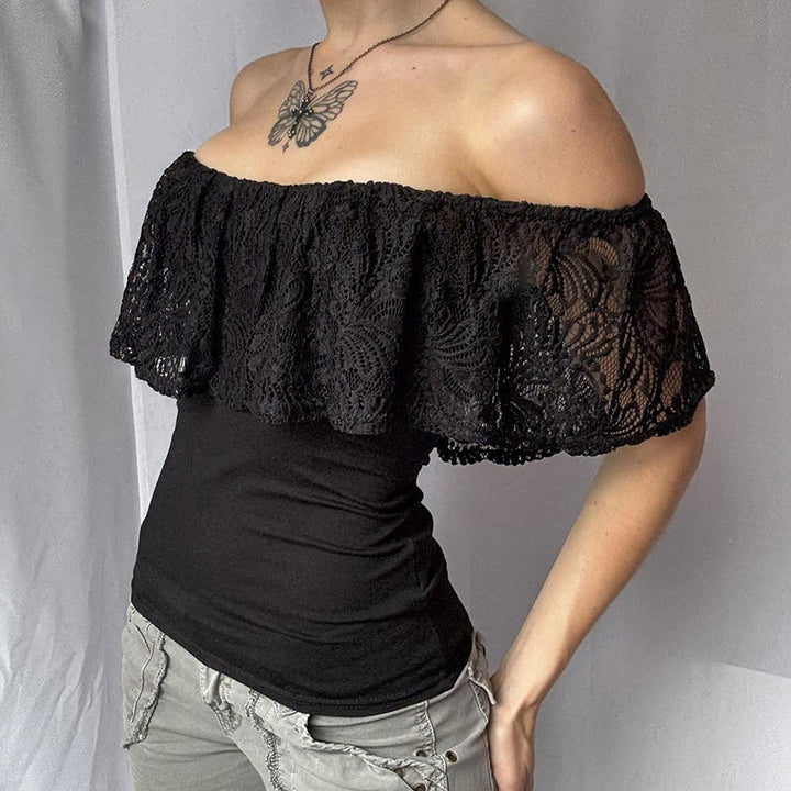 Dame Off-Shoulder Overdel med volangdetaljer og elegante spissaksenter Skjora
