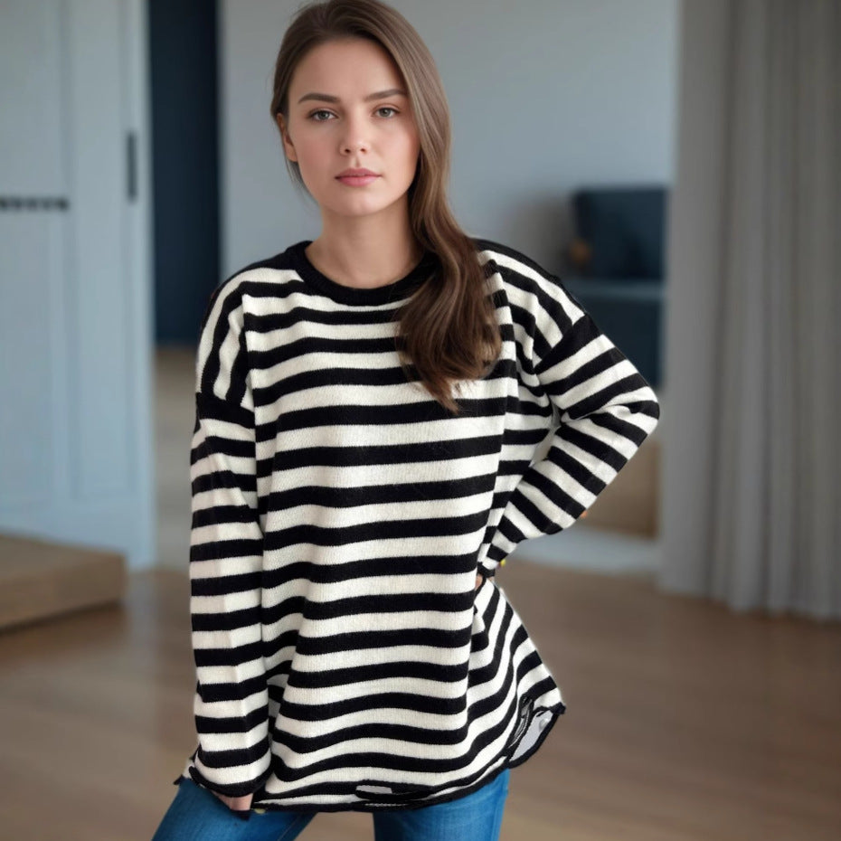 Dame strikket oversized genser med avslappet stripemønster Skjora