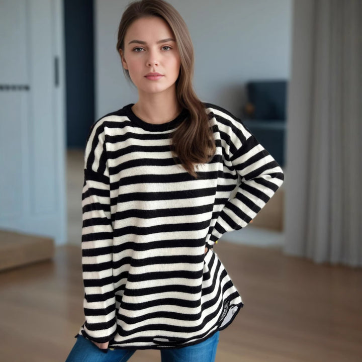 Dame strikket oversized genser med avslappet stripemønster Skjora