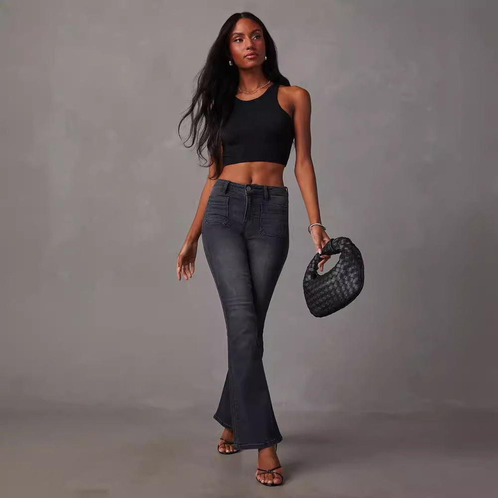 Kvinnelige Flared Jeans med Høy Midje og Teksturert Denim Skjora