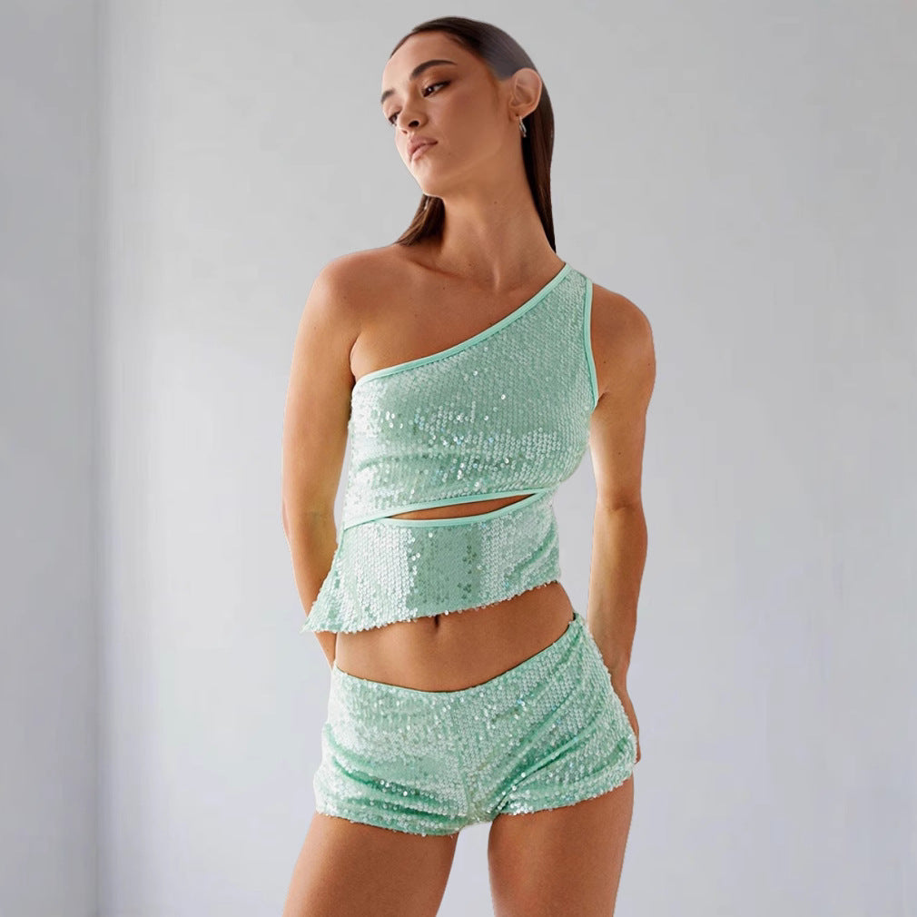 Kvinnenes glitrende topp og shorts sett Skjora