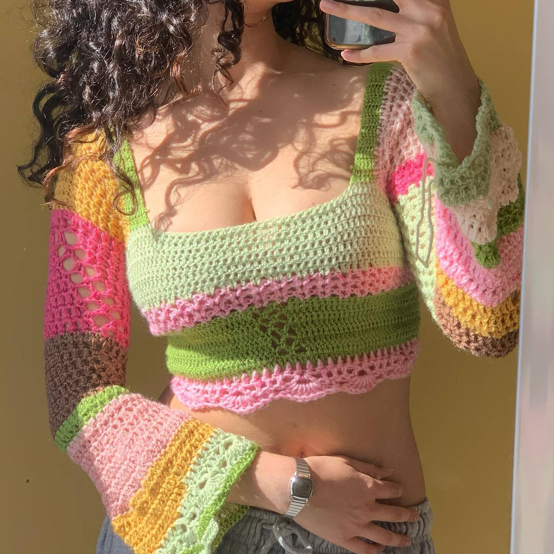 Damer heklede Crop-Top med lange ermer og uvanlig kant Skjora