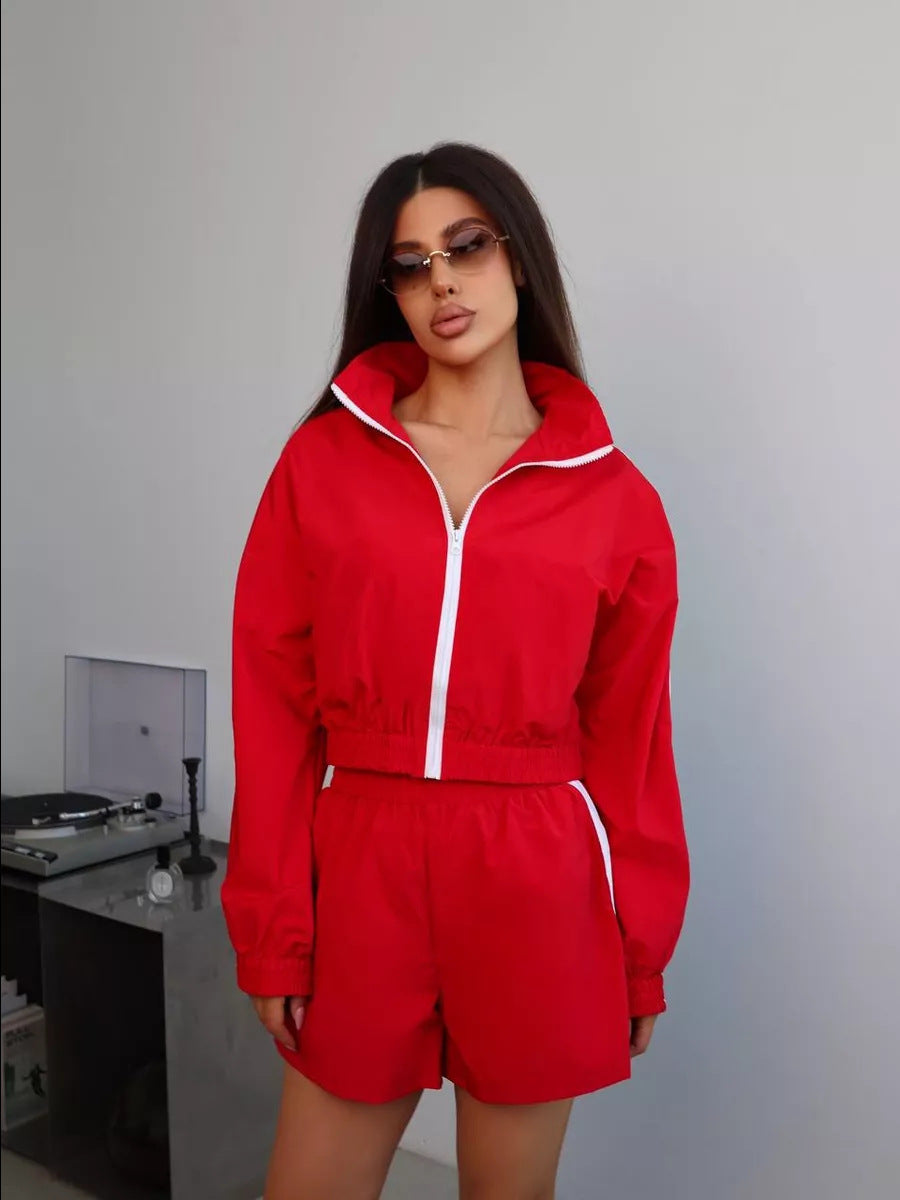 Kvinner Sporty Kort Jakke og Shorts Sett Skjora