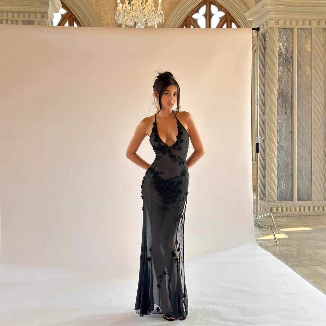 Damen Dekoratives Maxikleid mit raffinierten Spitzenakzenten und verführerischem V-Ausschnitt Skjora