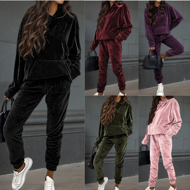 Klassisk fleece sett for damer med hette og elastisk midje Skjora
