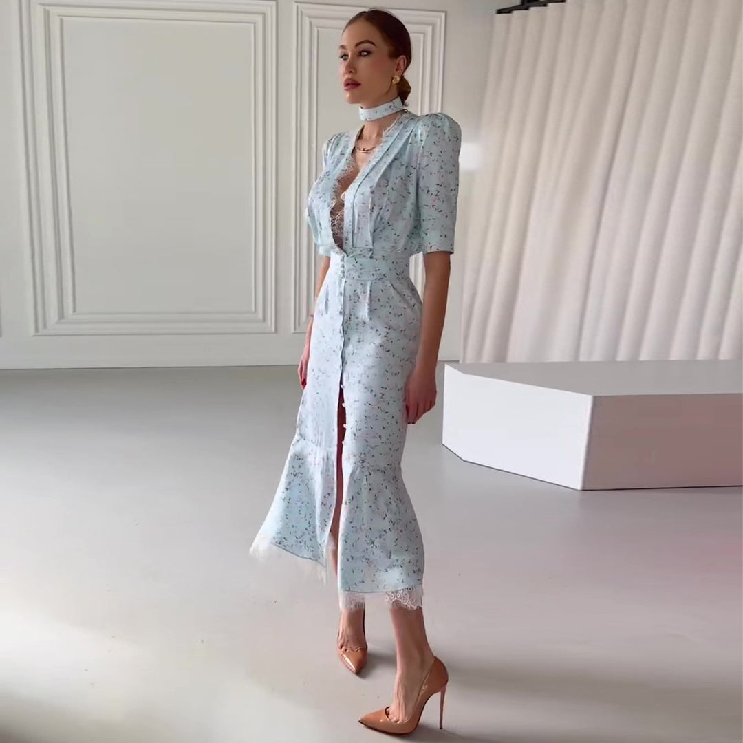 Dame Elegant Midi Kjole med Skinner Chiffon og Dyp V-Hals