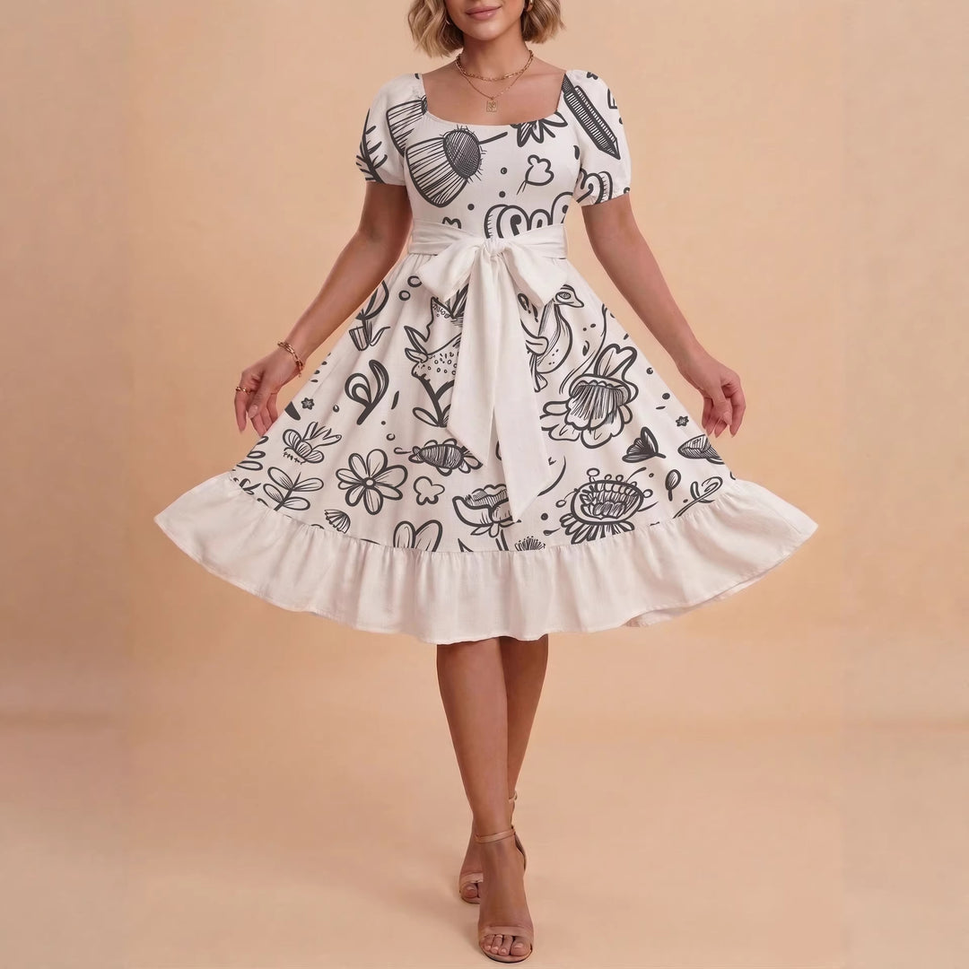 Dame Midi kjole med elegant blomstertrykk og belte i midjen Skjora