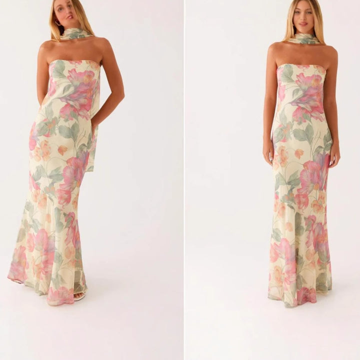 Damer Elegant Langermet Kveldsdrakt i Blomsterdesign Skjora