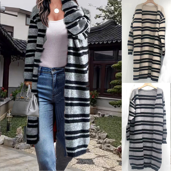 Kvinners chunky strikket cardigan med brede striper og avslappet passform Skjora