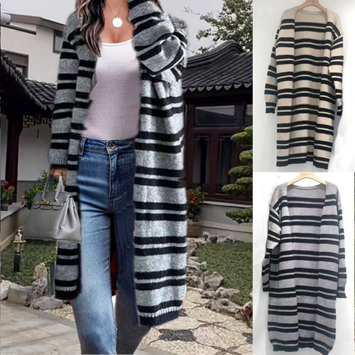 Kvinners chunky strikket cardigan med brede striper og avslappet passform Skjora