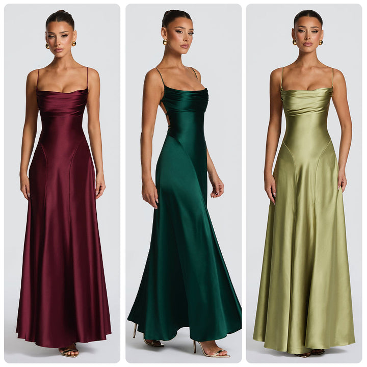 Dame Elegant Maxi Kjole med Sofisticated Spaghetti Stropper og Flytende Satin Skjora