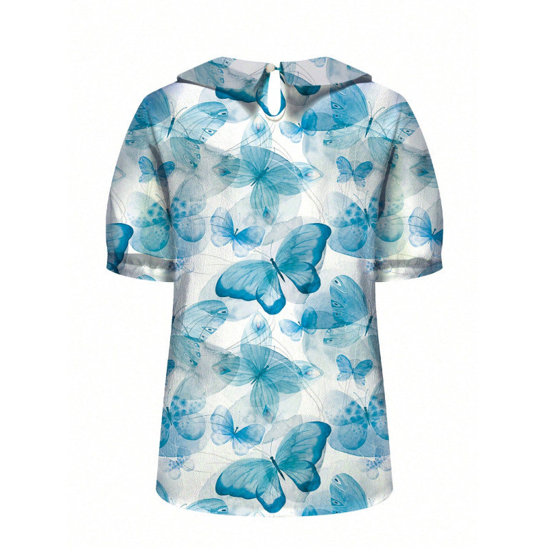 Dame kortermet bluse med florale accenter og klassisk krage Skjora