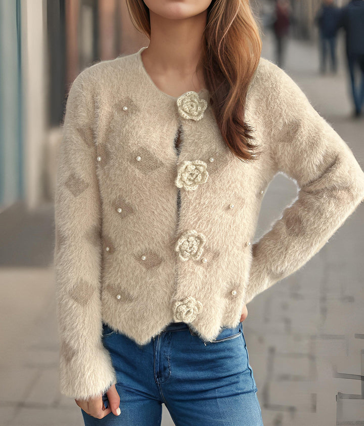 Dame fin cardigan med blomsterapplikasjoner og perleakcenter Skjora