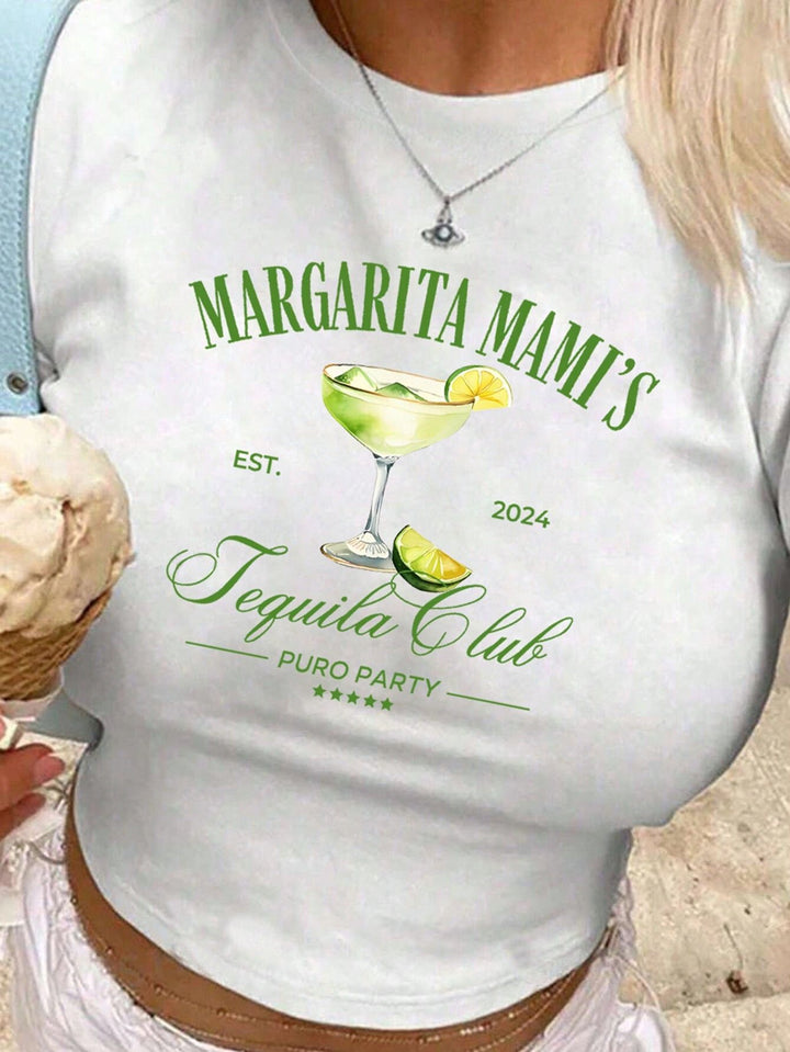 Dame Crop-T-skjorte med kreativ cocktail-design Skjora