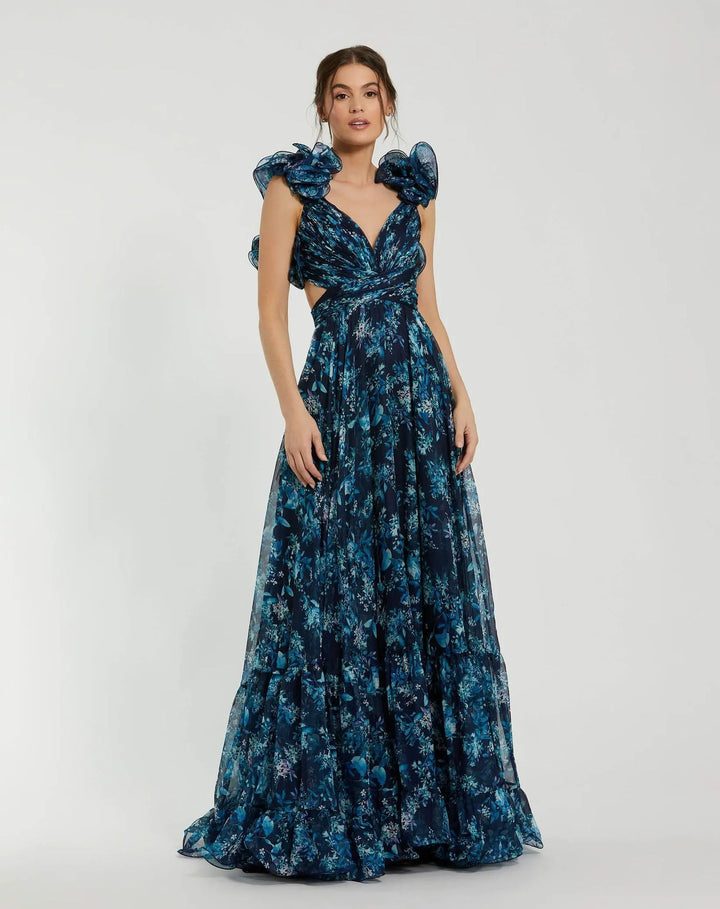 Women's maxi dress with floral ruffles and a flowing design