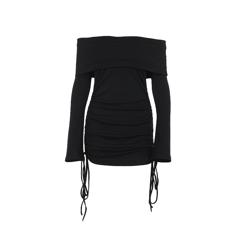 Dame Off-Shoulder Mini-Kjole med Rynking og Lange Ermer Skjora