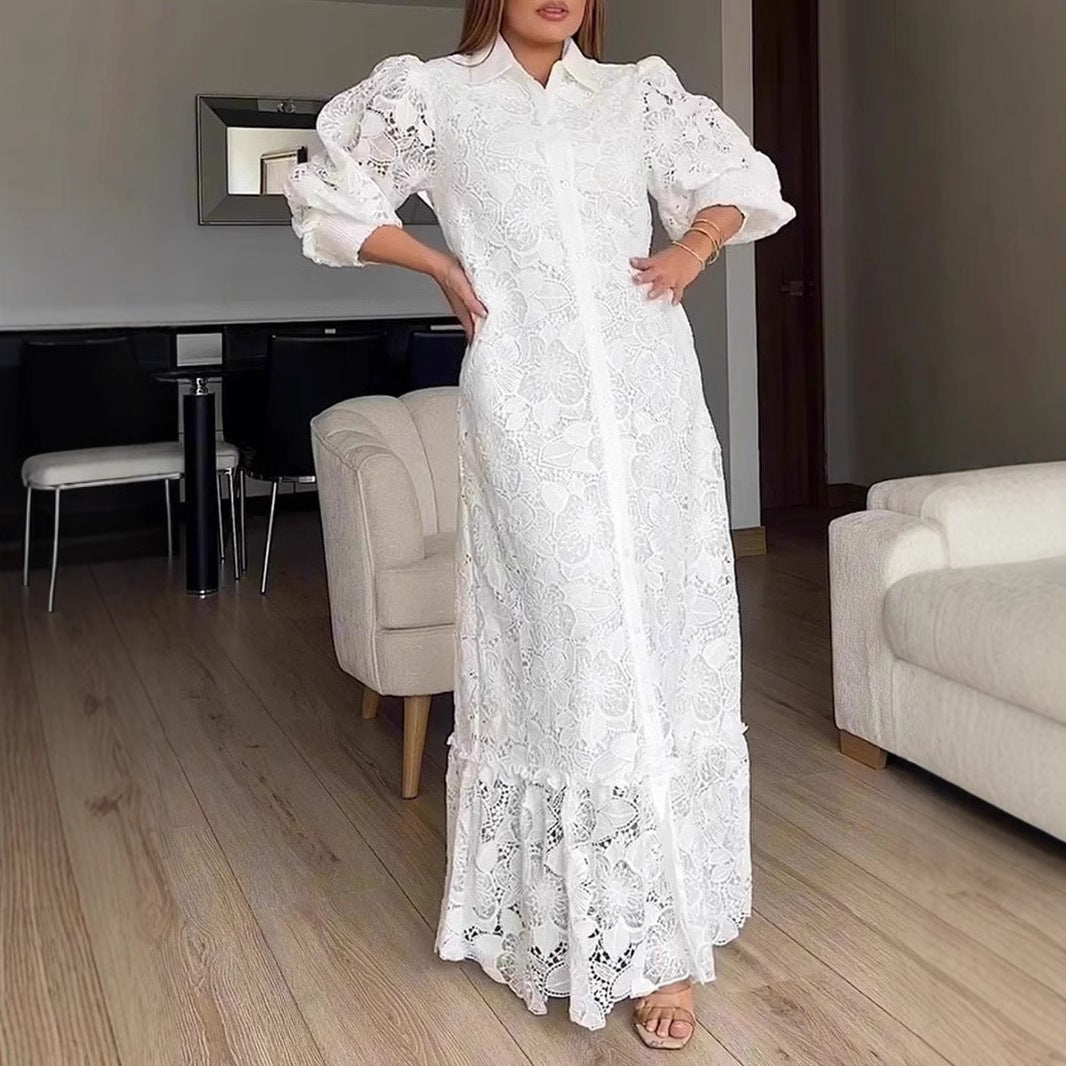 Kvinne Elegant Blonde Maxi Kjole med Voluminøse Ermer Skjora