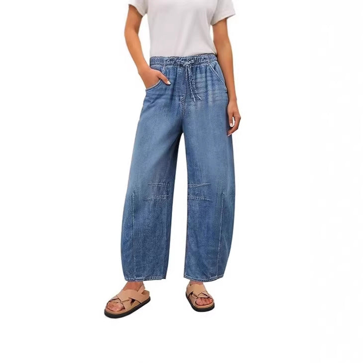 Damer vide denim-bukser med elastisk midje og praktisk snitt Skjora