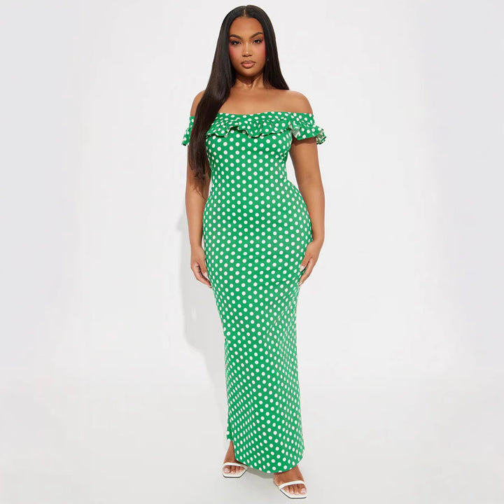 Damen Elegantes Maxikleid mit Rüschendetails und Polka-Dots Skjora