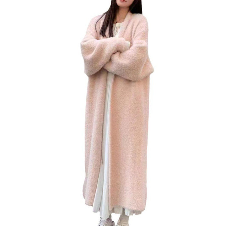 Kvinnes Fluffy Maxi Cardigan med Dyp V-Hals og Oversized Silhuett Skjora