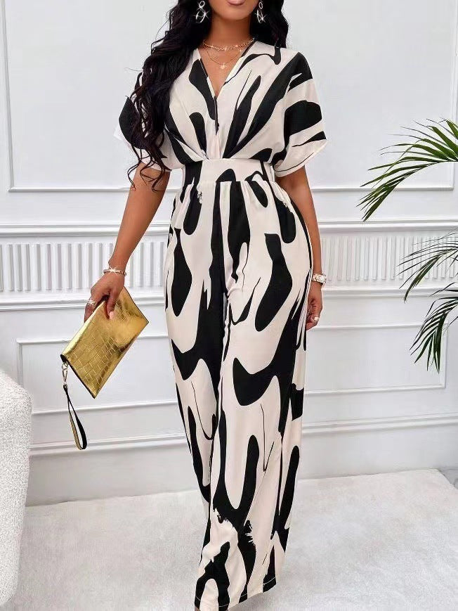 Dame Elegant Jumpsuit med stort mønster og V-hals Skjora