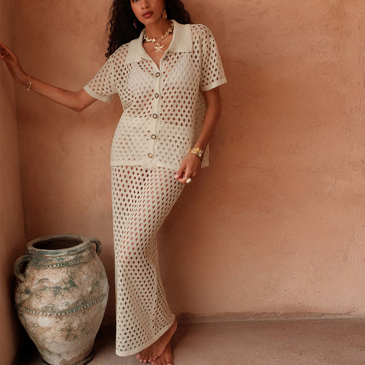 Damen Netz-Outfit mit dekorativer Knopfleiste und Elegantem Schnitt Skjora